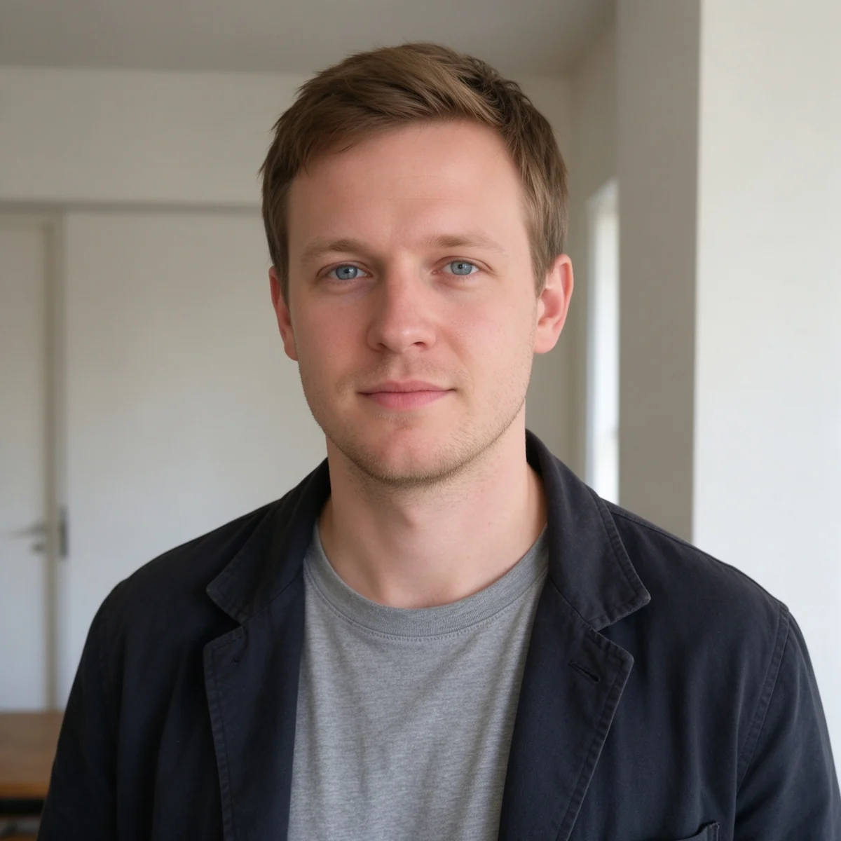 Before: casual portrait in a gray T-shirt and dark jacket